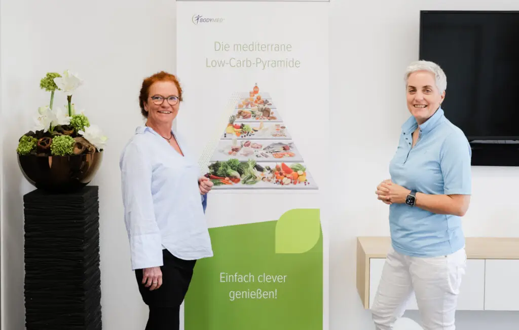 Warum Ernährungsmedizin in unserer Praxis? Zu sehen ist Dr. Krebber mit einer Kollegin vor dem Bilder der Ernährungspyramide.