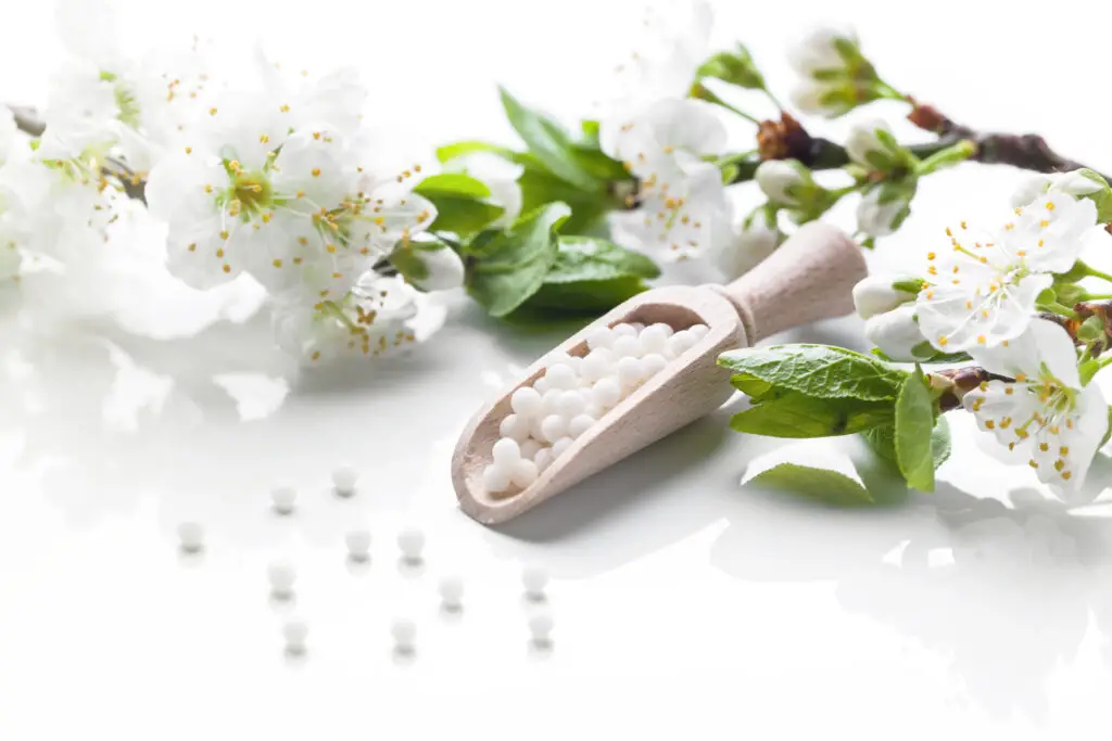 Blumen und homöopatische Mittel sind zu sehen.
